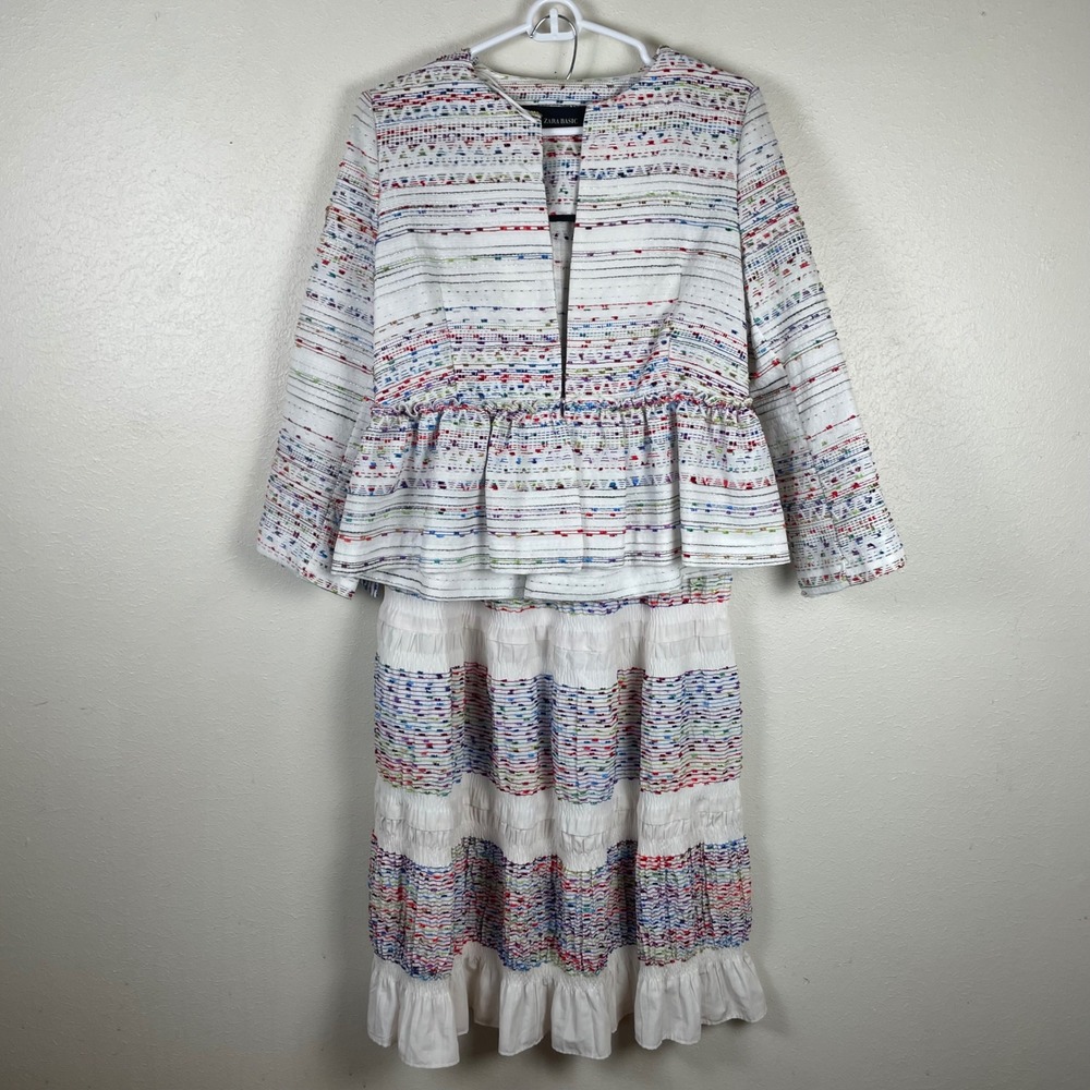 Zara Basic Womens Peplum Jacket and Tiered Skirt Set White Multi Stripe Sz XS&M